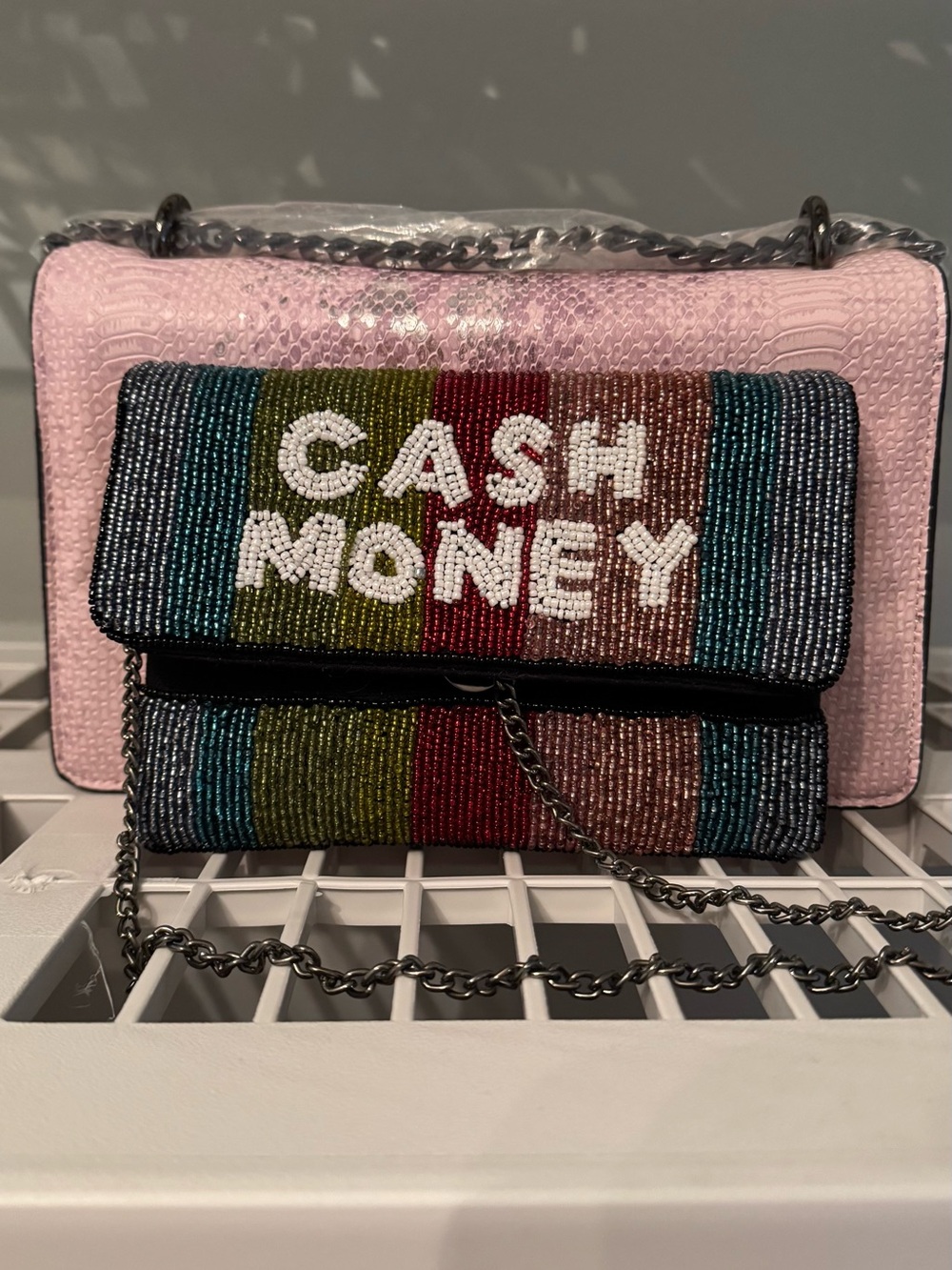 Multicolor Beaded 'CASH MONEY' Chain Crossbody Clutch - Pink Accent